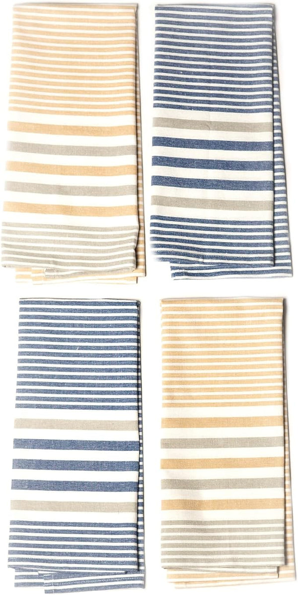 Set of 4 yarn Dyed Kitchen Towel, 18" x 28", Recycled Cotton, Beige & Blue