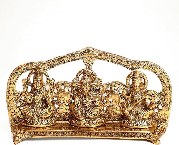 Laxmi Ganesh Saraswati Idol, handcrafted in Antique Gold finish, Set of 1