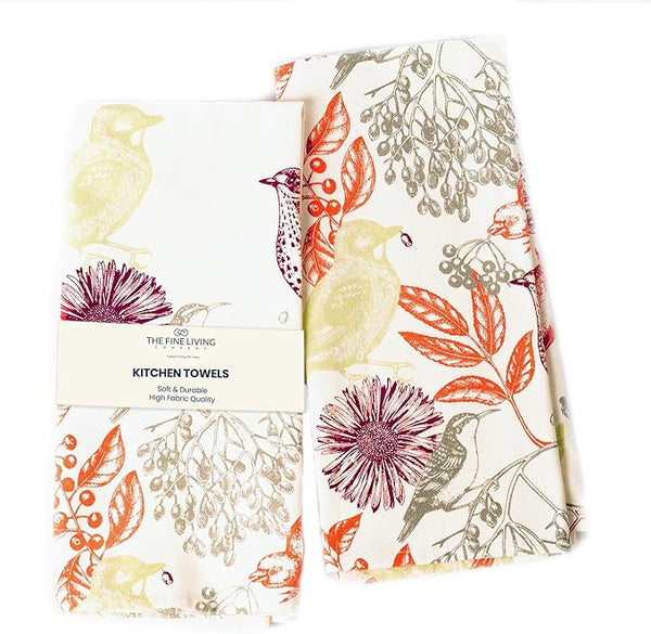 Hello Bird Printed Kitchen Towel Set – 100% Cotton, 18x28 Red & Light Green