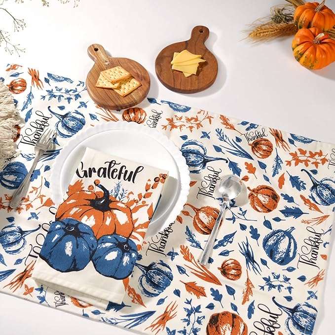 Printed Dish Towels Set of 2 - Thankful & Grateful, Cotton - Blue & Orange - Fine Living Co