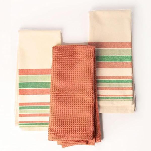 Set of 3 yarn Dyed with Waffle Kitchen Towel, 18" x 28",Recycled Cotton, Red & Green