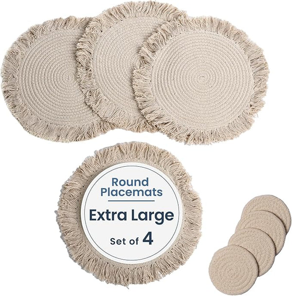 Braided Large Cotton Placemats with fringes & Coasters, Ivory, Set of 4