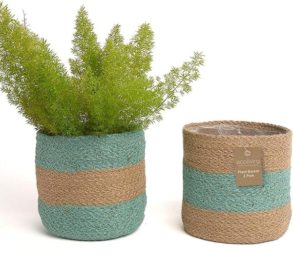 Eco Living Jute Planter Set of 2, Natural Jute, 6.5x6.5x6, Mint Green & Natural