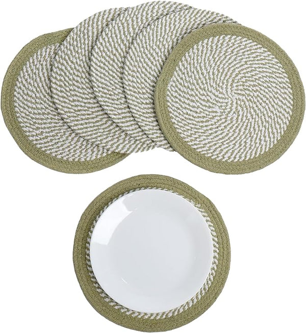 Melange Green & White  Braided Placemat set of 6 (3 pcs full melange+3 pcs with solid border) - Recycle Cotton