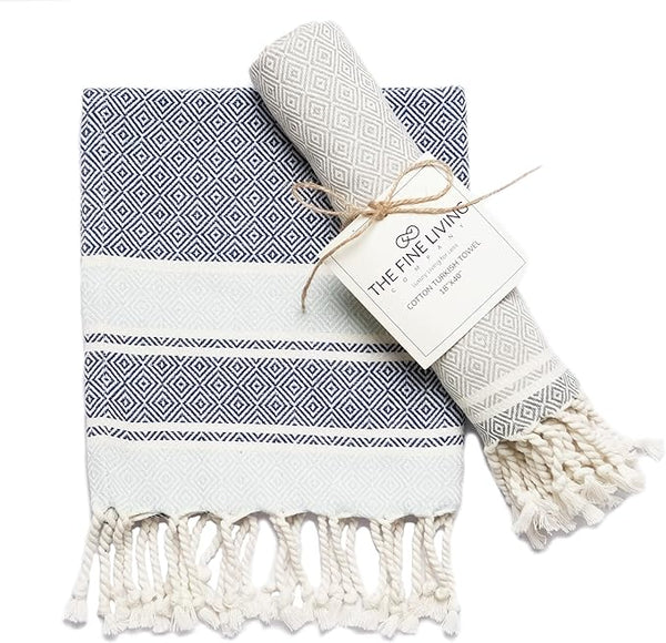 Set of 2 Diamond weave Waffle Stripe Turkish Towel with Twisted Tassels, 18" x 40", 100% Fresh cotton, Blue & Gray