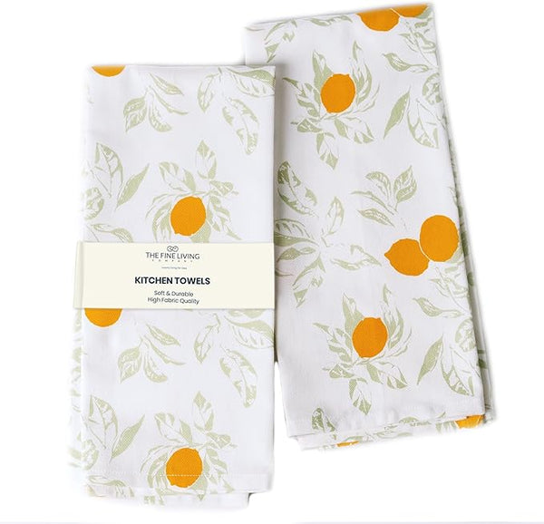 Printed Kitchen Towels, Green & Yellow, Set of 2