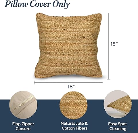 Jute Braided Decorative Pillow Cover, 18 x 18 inch, Natural - Fine Living Co