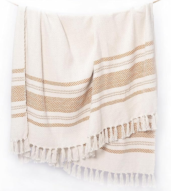 Herringbone Weave Throw with Tassels, 50”x 60”, Recycled Cotton, Camel Brown