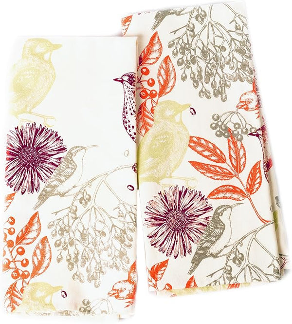 Set of 2 Hello Bird Printed Kitchen Towel 18" x28" , 100% Fresh cotton, Red & Light Green