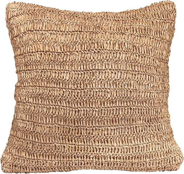 Rustic Raffia Handwoven Pillow Cover 18x18 inches – Boho Decorative Cushion