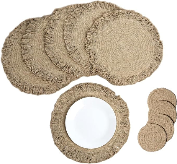 Beige Braided Solid Placemat with fringes-set of 6 (13" + with 2" fringes) +6 Coasters (4")- Recycle Cotton
