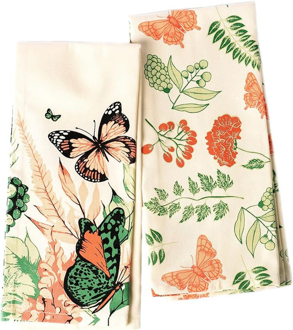 Set of 2 Butterfly Printed Kitchen Towel, 18" x28", 100% Fresh cotton, Red & Green
