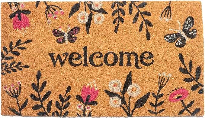 Floral Printed Welcome Doormat - 17”x30” Pink & Navy Blue - Fine Living Co