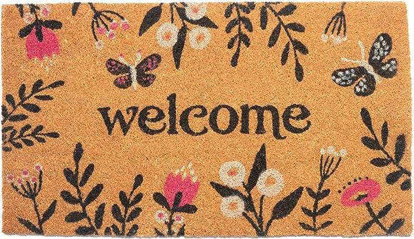 Floral Printed Welcome Doormat - 17”x30” Pink & Navy Blue - Fine Living Co