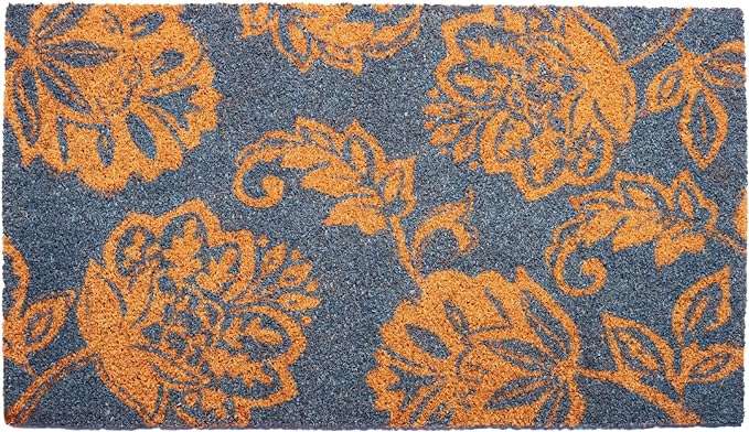 Light Blue Floral Motif Coir Doormat - 17"X30" - Fine Living Co
