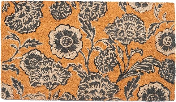 Floral Motif Coir Door mat Grey  -17"X30" (43x76cm) Large Door Mat - Fine Living Co