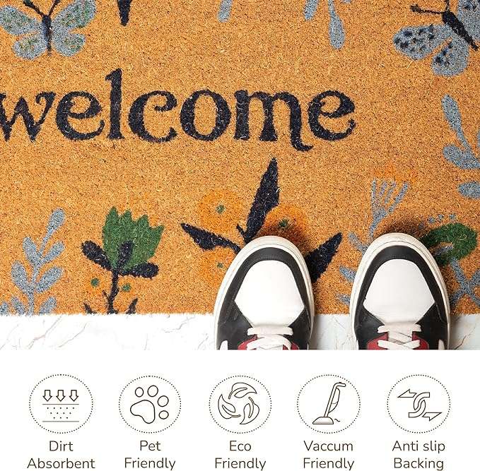 Floral Printed Welcome Doormat - 17”x30” Light Blue, Green & Yellow - Fine Living Co