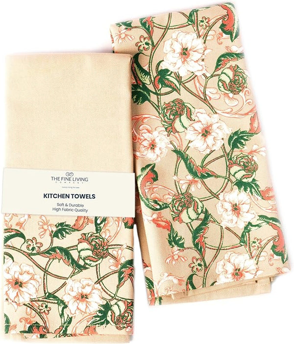Cotton Printed Kitchen Towels,  Set of 2, Beige Tea Towel