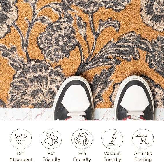Gray & White Floral Coir Doormat -17"X30" - Fine Living Co