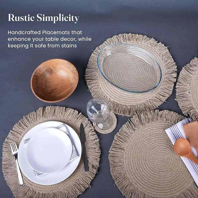 Braided Large Cotton Placemats with fringes & Coasters, Beige, Set of 4 - Fine Living Co