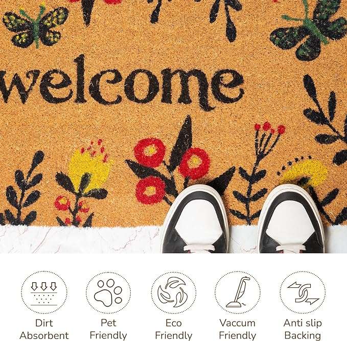Floral Printed Welcome Doormat - 17”x30” Red, Navy Blue & Yellow - Fine Living Co
