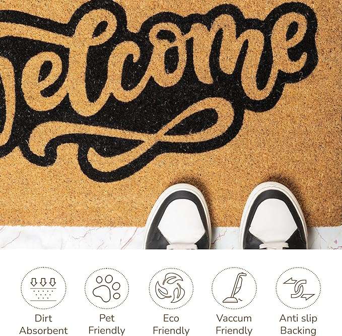 Bratsy Script Coir Doormat - 17x30" Beige/Black - Fine Living Co