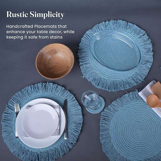 Blue Braided Cotton Placemats Set of 4 with Fringes - Fine Living Co