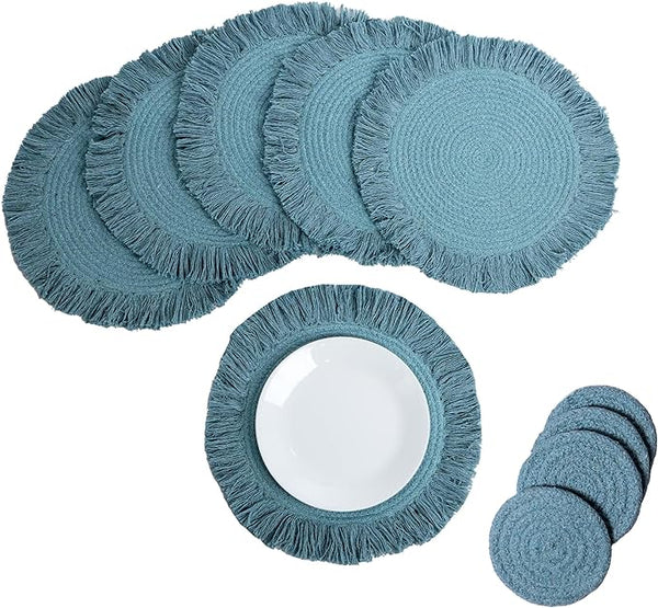 Braided Large Cotton Placemats with fringes & Coasters, Blue, Set of 6 - Fine Living Co