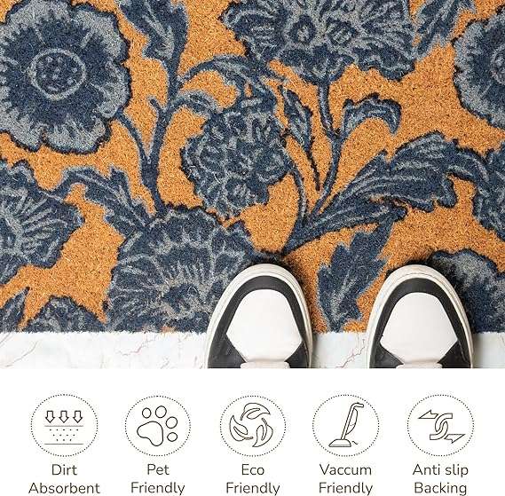 Floral Motif Coir Door mat, Blue -17"X30"(43x76cms) Large - Fine Living Co