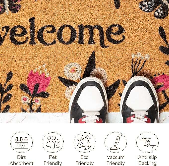 Floral Printed Welcome Doormat - 17”x30” Pink & Navy Blue - Fine Living Co