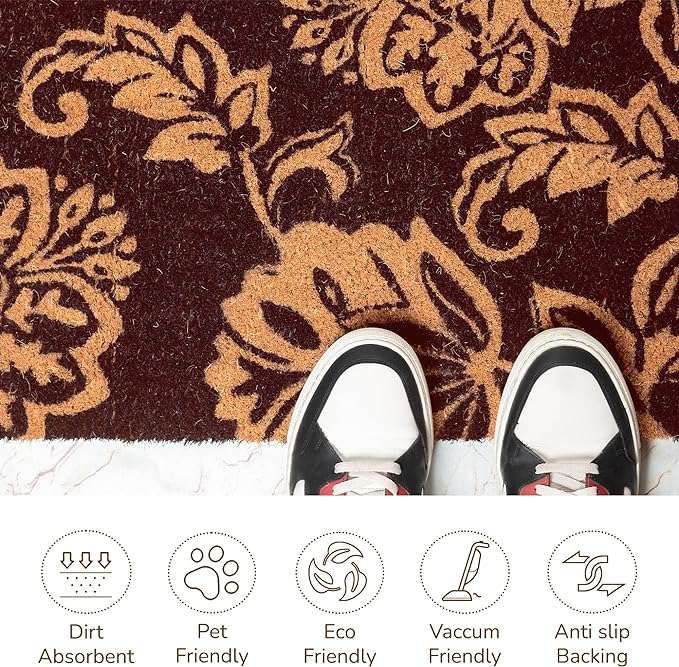 Floral Motif Coir Door mat Brown -17"X30"(43x76cms) Large - Fine Living Co