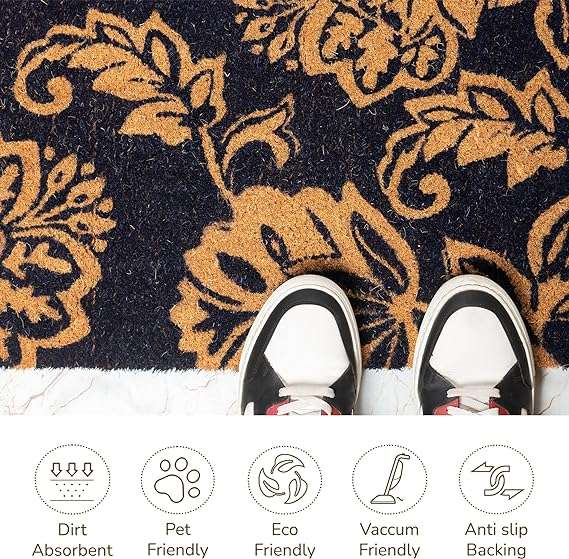 Floral Coir Door mat, Navy Blue -17"X30" (43x76cm) Large - Fine Living Co