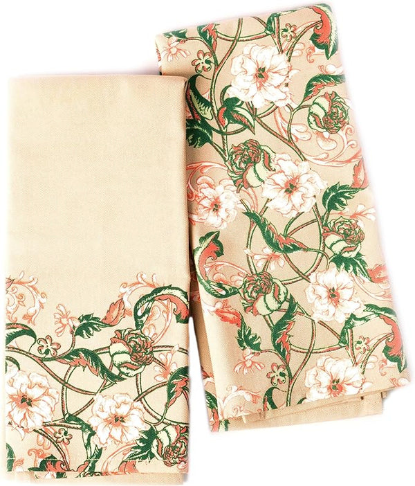 Set of 2 Baroque Ornamental Printed Kitchen Towel 18" x28", 100% Fresh cotton, Floral Beige