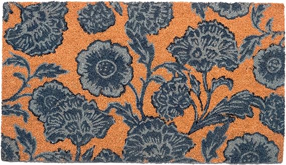 Floral Motif Coir Door mat, Blue -17"X30"(43x76cms) Large - Fine Living Co