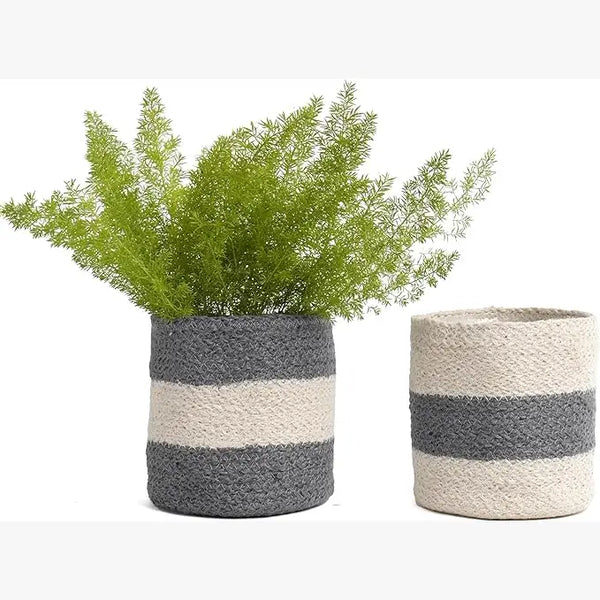 Jute Planters with Lining, Grey & White, 6.5", Set of 2