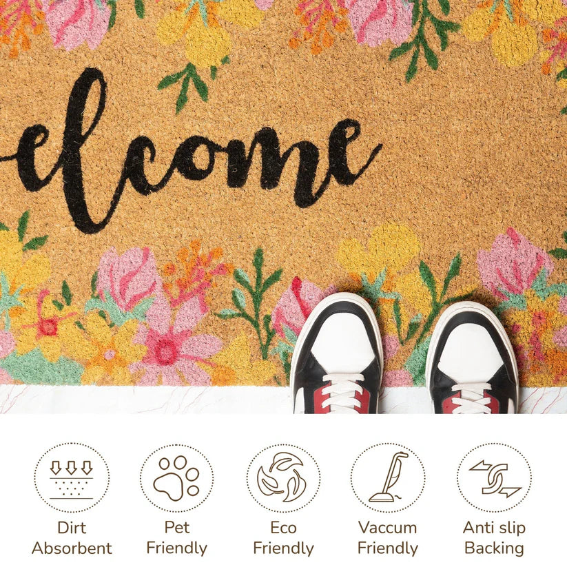 Coir Mats Welcome with Floral Print- 22X47" Multi Color - Fine Living Co