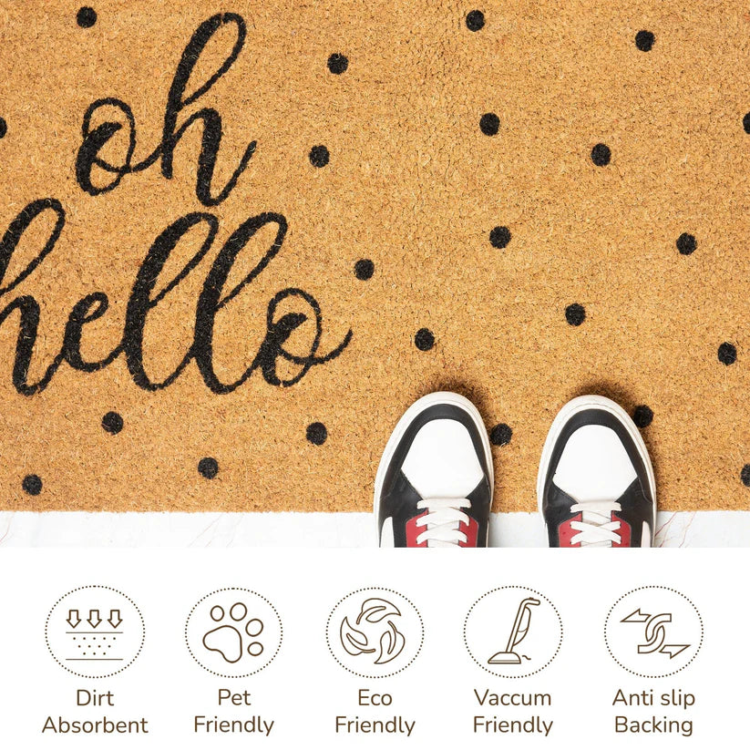 Coir Mats Oh Hello with Dots Text - 22X47" Beige - Fine Living Co