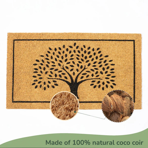 Beige/Black Coir Doormat with Tree Print & Border - 17x30" - Fine Living Co