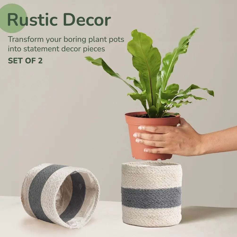Jute Planters with Lining, Grey & White, 6.5", Set of 2