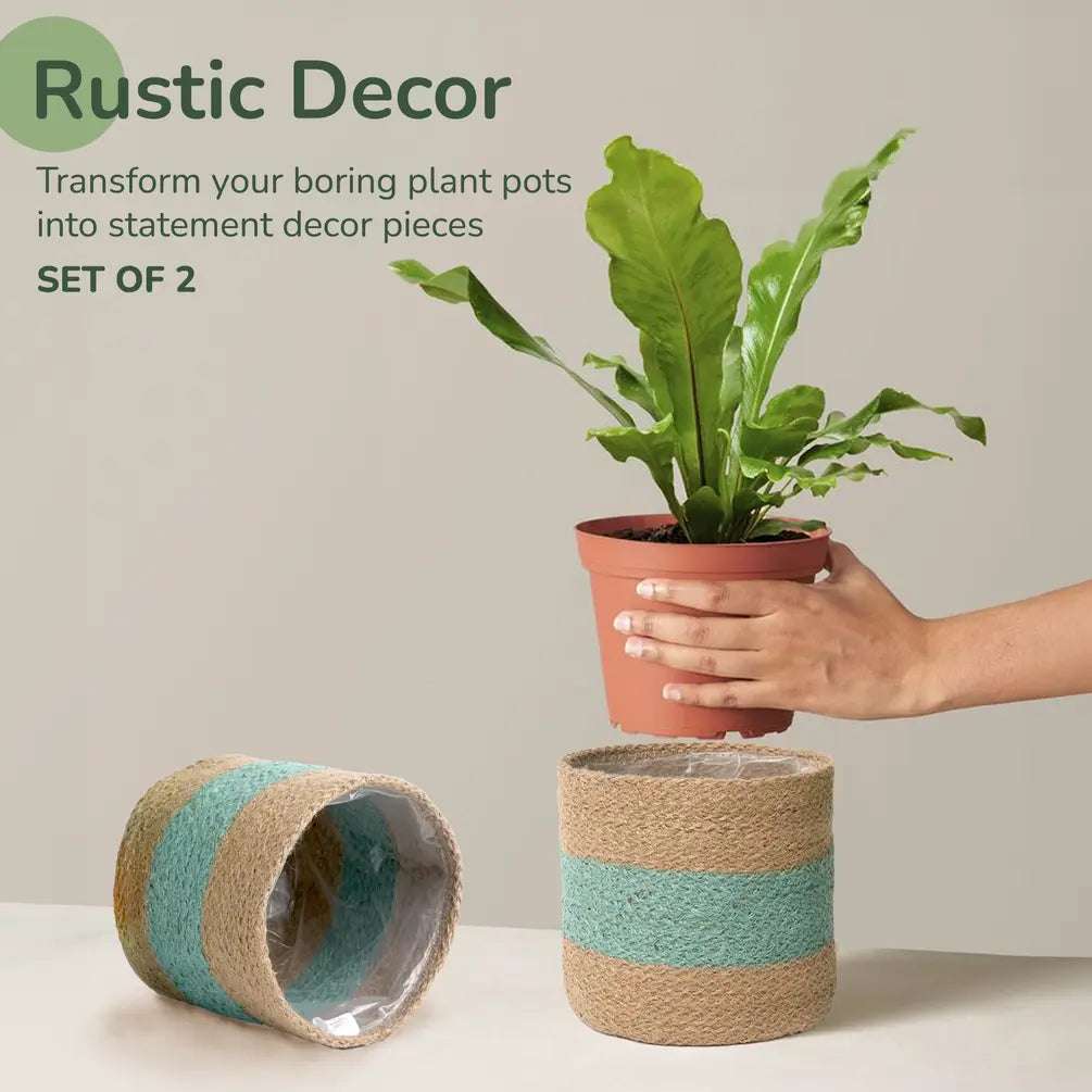 Handmade Jute Planters with Lining, Mint-Natural,6.5", 2Pcs - Fine Living Co