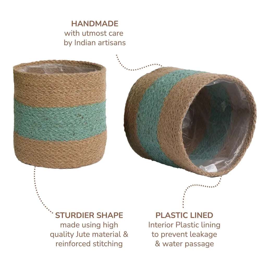 Handmade Jute Planters with Lining, Mint-Natural,6.5", 2Pcs - Fine Living Co