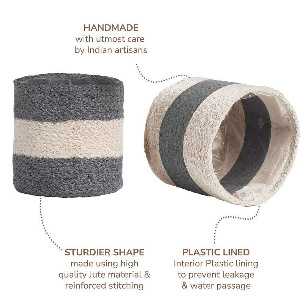Jute Planters with Lining, Grey & White, 6.5", Set of 2